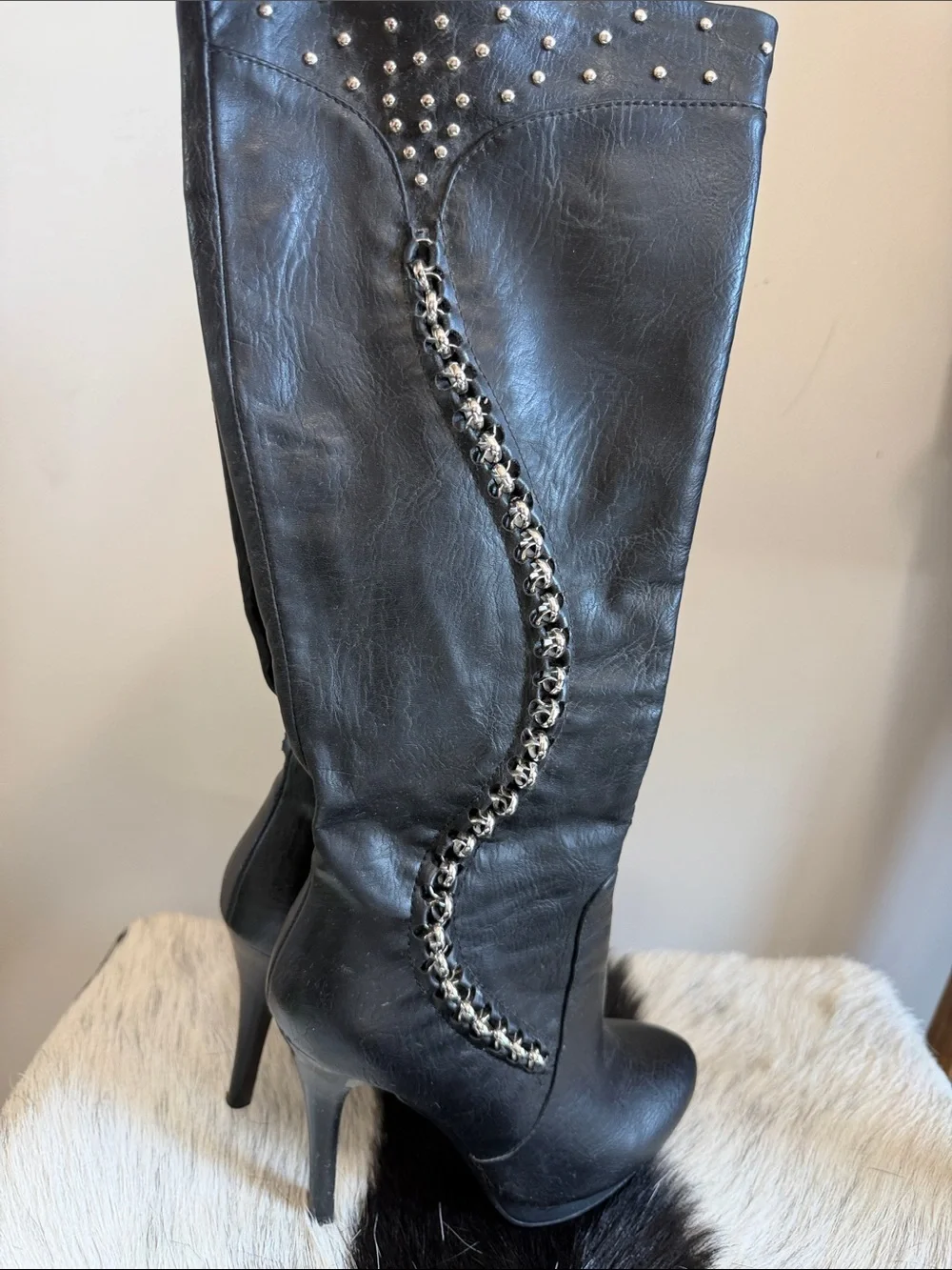 Black Leather Studded Over-the-Knee Boots with Chain Detail